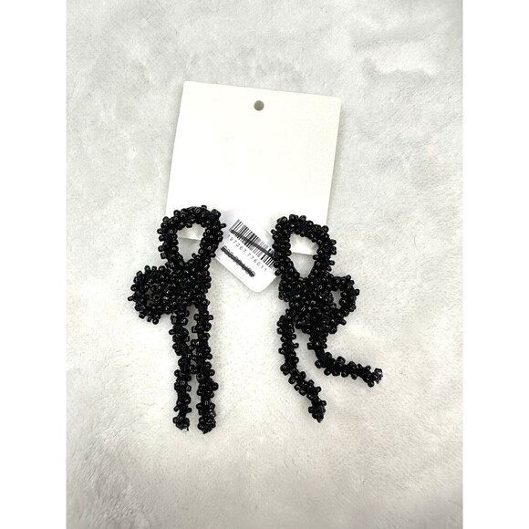 NEW Free People Brandy Bo Dangles Beaded Bow Earrings In Black Funky Sweet Woven - Picture 1 of 2